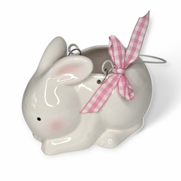 Hallmark White Ceramic Bunny Planter‎ Flower Vase Pink Gingham Plaid Ribbon Bow - Picture 1 of 12